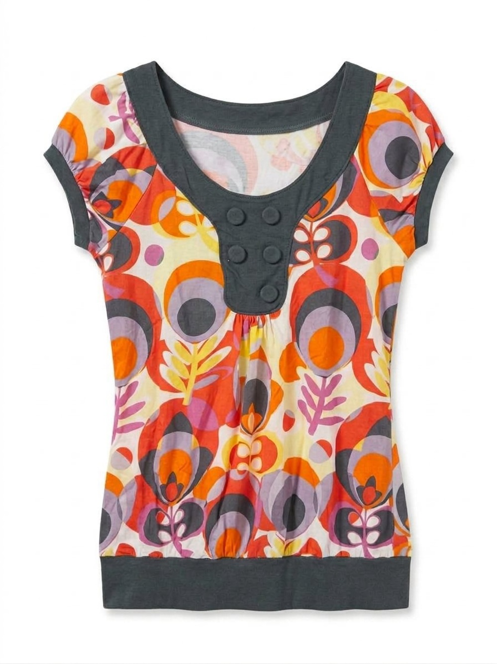 Weavers Scoop-Neck Short Sleeve Top in Orange, Pink, Gray, Yellow